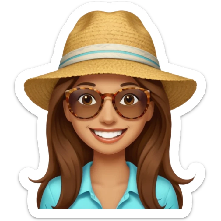 woman with long brown hair on vacation, happy and smilling with theeth and a hat sticker