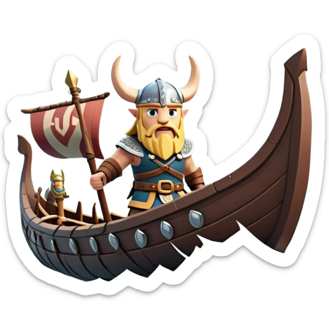 clash-of-clans-aesthetic_-cinematic-viking-longboat, rendered in a flat, bold vector style with minimal shading, featuring a striking dragon-headed prow slicing through icy, churning waters. shields on the side and vikings rowing The longboat’s intricately detailed shields and carved motifs evoke a sense of epic adventure and Nordic might, with billowing sails catching a dramatic, stormy sky backdrop. sticker