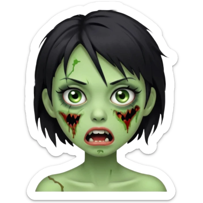 Green zombie girl with messy black short hair with lashes and torn cheek and open mouth  sticker