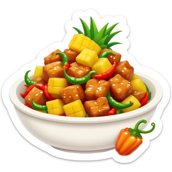 Sweet and Sour Pork with pineapple and bell peppers, simplified emoji style with bold outlines and bright colors, cartoon style Gu Lao Rou popular dish sticker