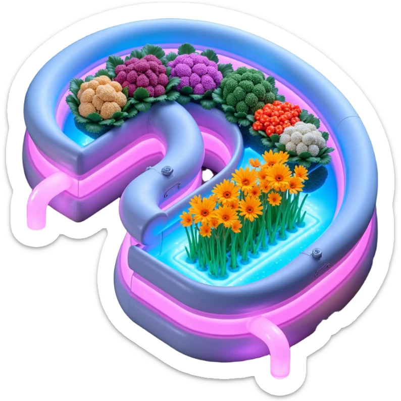 Exterior view of a futuristic hydroponic farm with glowing neon pipes and transparent water channels, sleek buildings shaped like nutrient tanks, vegetables and wheat growing in vertical layers, surreal atmosphere, emoji-style, cartoony sticker