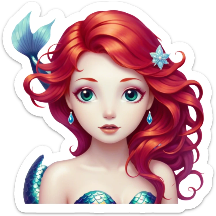 Cinematic Realistic Red Hair Mermaid Portrait, depicted with lifelike porcelain white skin that glows with an ethereal radiance, enhanced by soft underwater lighting. Her intricately detailed, flowing red hair cascades like liquid fire, framing deep, soulful eyes that mirror the mysteries of the deep sea. Accented by shimmering, iridescent scales and delicate aquatic embellishments, the portrait features an enchanting underwater glow that marries realism with mythic ocean elegance. sticker