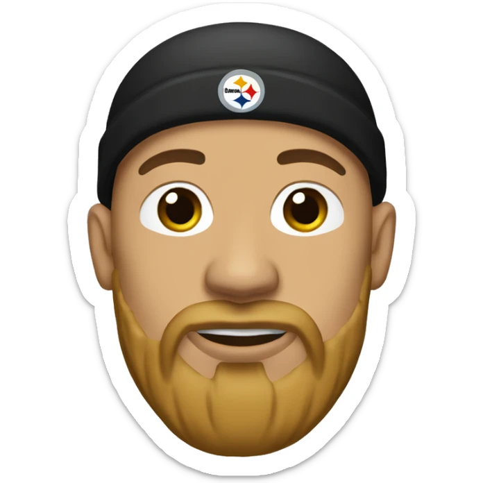 A bald man light brown with a long goatee wearing Steelers football beanie  sticker