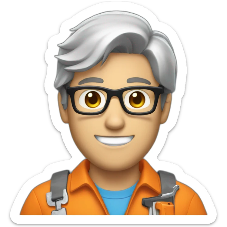a guy with brown hair, square glasses, an orange repairman's suit, blue eyes, with a chainsaw sticker