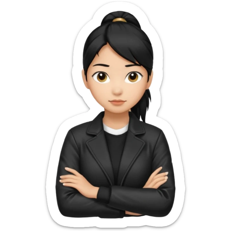 A girl with a pony tail black hair and Asian tan skin, Asian eyes, with a black jacket and a black purse with arms crossed  sticker