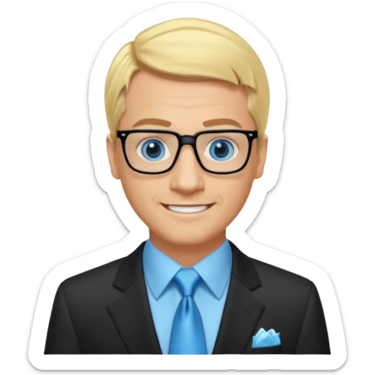 David Carlton from Ali G Indahouse with blue eyes, blonde hair, icy blue dress shirt with black tie, black suit jacket sticker