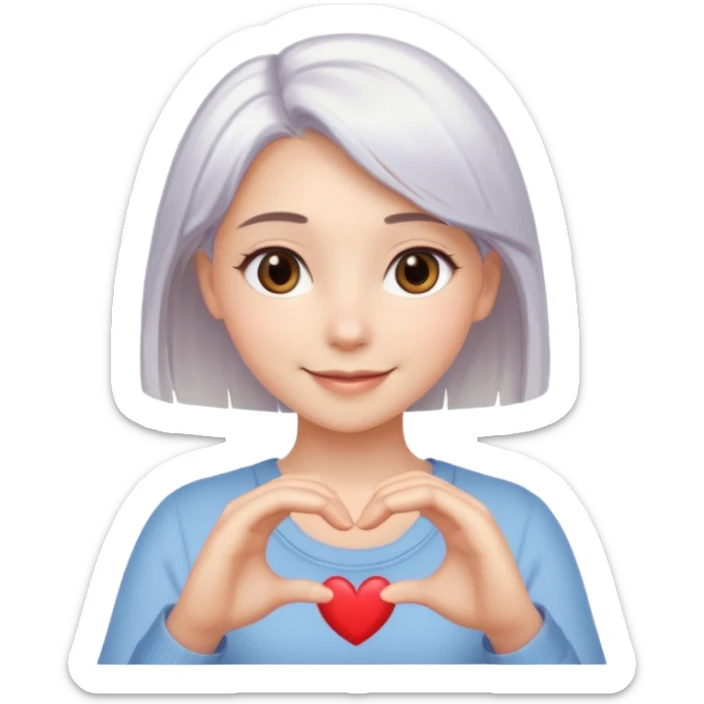 Beautiful girl. Platinum-colored hair just below the shoulders, straight, brown eyes, sweet smile. Hands in the shape of a heart. sticker