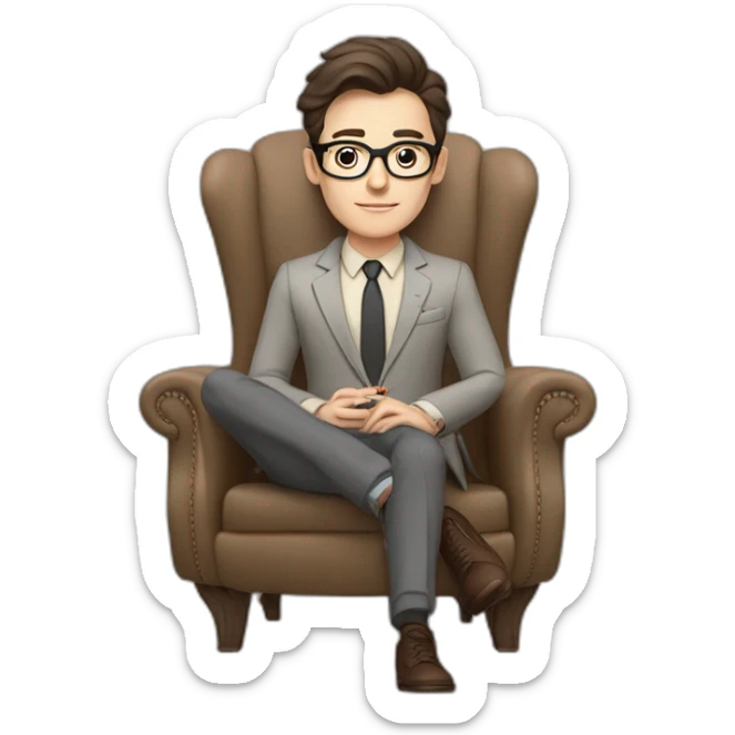 Pale skinned Fit Man With dark brown hair in gray jacket, beige office shirt, Brown pants and vintage glasses sitting In a soft chair with a notebook on spring with emblem Ψ and a pen sticker