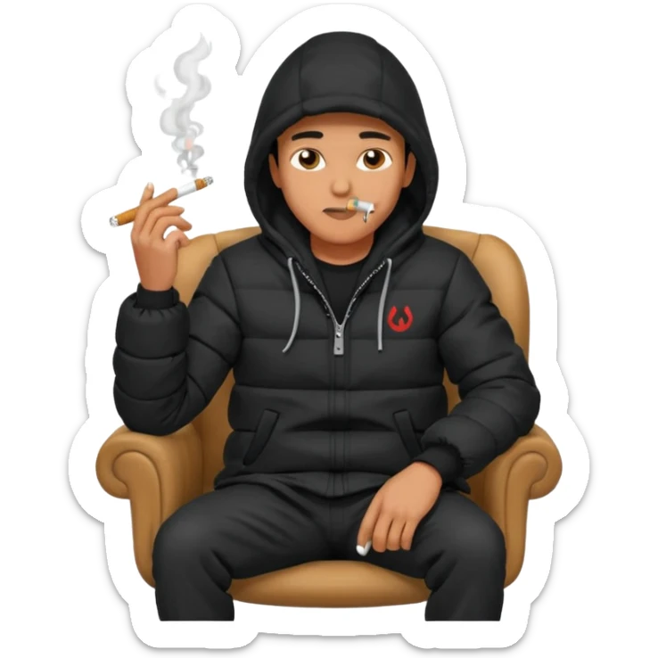 A man sitting on a chair, wearing a black puffed coat with hood, hands in his pocket, smoking a cigaret, he is on a chair i sticker