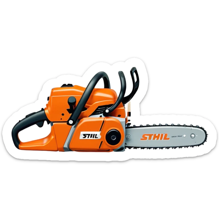 Kettensäge Stihl MS500i von der Seite, mit gut sichtbarem Stihl-Logo, orange-graue Farben, einfacher Emoji-Stil sticker