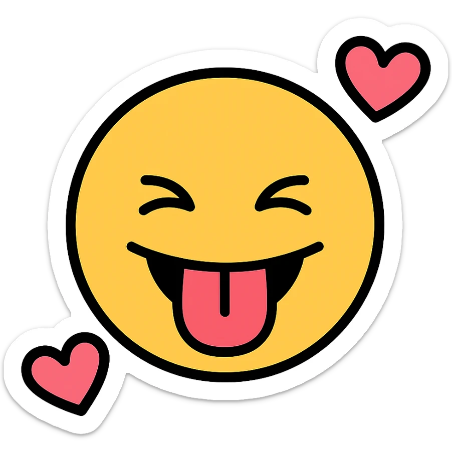 silly emoji face sticking out its tongue, with floating hearts, modern icon style, colorful and fun, bold lines, simple shapes sticker