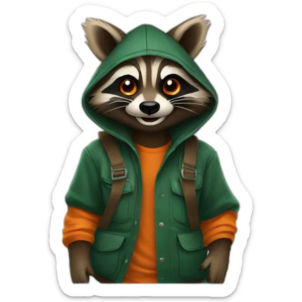 brown raccoon with orange eyes and a dark green hood that is laughing sticker