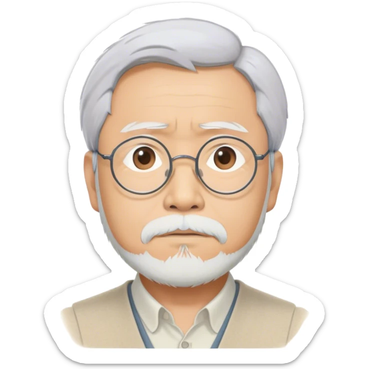 Cinematic Realistic Hayao Miyazaki Portrait Emoji, depicted as a visionary filmmaker with a gentle imaginative expression and artistic flair, rendered with delicate textures and soft enchanting lighting that captures his legendary storytelling. sticker