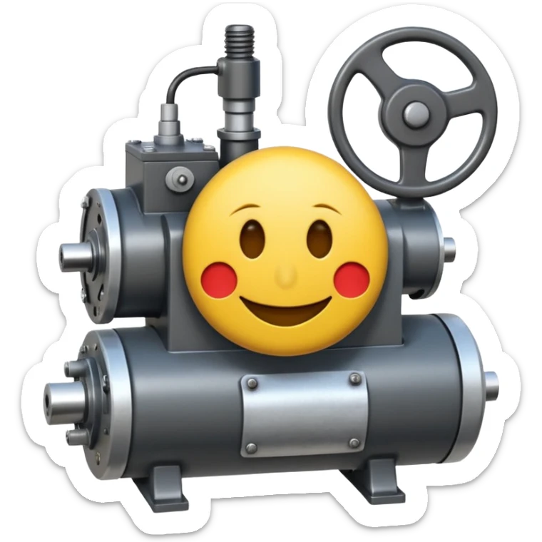 Industrial mechanical motor with a smiley face, emoji for the new electric music genre Motor breaks must be friendly and sellable must be small but clear child friendly, ready to use as a logo, motor synth make sure it's not Cold sticker