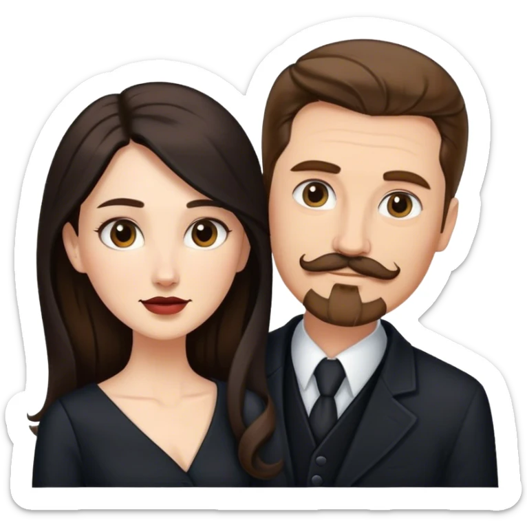 tall white man with brown hair goatee mustache embracing a pale woman with long black hair, wearing elegant clothing, standing portrait sticker