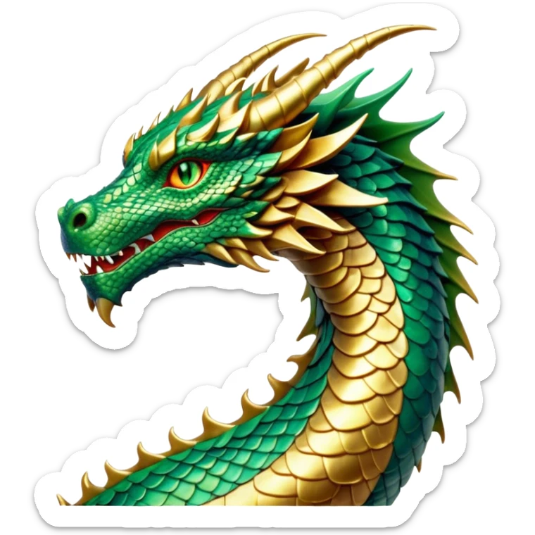 Cinematic Noble Dragon Portrait Emoji, Poised and majestic, with a sinuous, elongated body covered in intricately detailed, shimmering scales in hues of emerald and gold, and piercing, fiery eyes that reflect ancient wisdom; rendered with lifelike texture and natural highlights, high shine, intelligent and formidable, styled with an aura of mythic power, focused and attentive, soft glowing outline, capturing the essence of a legendary dragon that appears ready to soar out of the screen with timeless authority! sticker