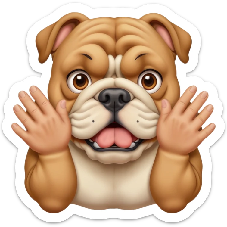 British bulldog dog with hands out in front of face in a surprised pose sticker