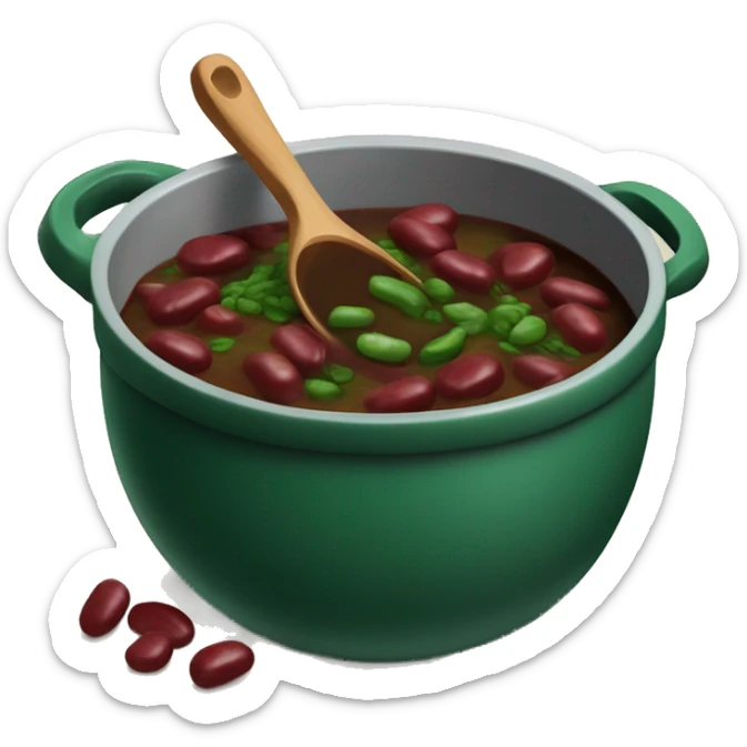 Large pot of dark green stew with red kidney beans and ladle sticker