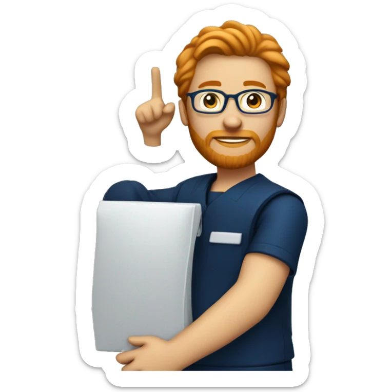 A fast food employee wearing fully dark blue and eyeglass and having a ginger hair and beard sticker