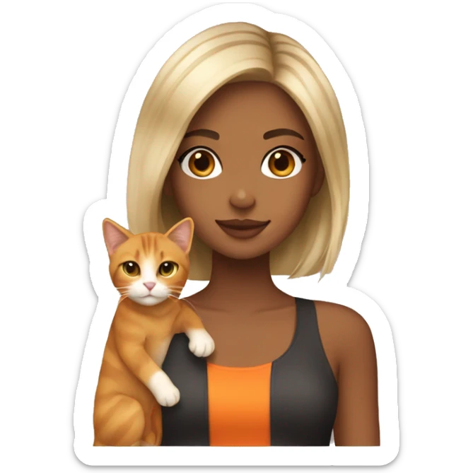Tan girl with blonde balayage and brown eyes holding an orange cat sticker