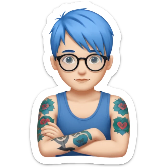 person with blue hair and round glasses, arm tattoo sticker
