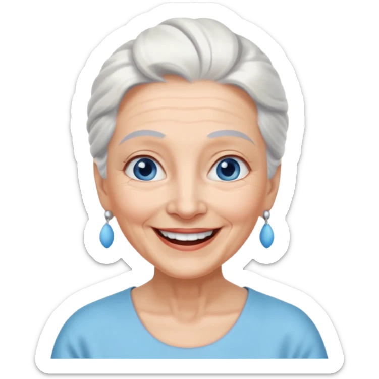 abuela con ojos azules, pelo blanco, pelo blanco y amarrado, aspecto feliz sticker