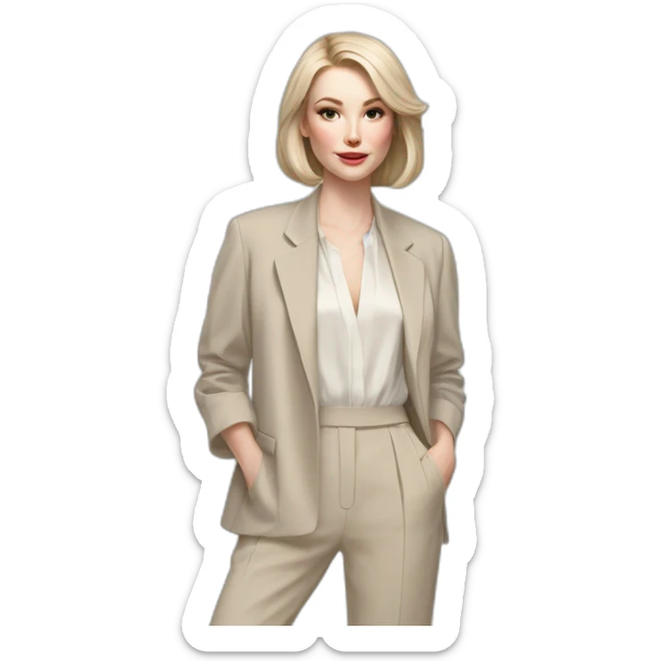 pale skin woman with ash blonde Straightened bob Hair, White Spacious classical jacket, beige palazzo Arrow pants and gray blouse holding a color palettes in the hands sticker