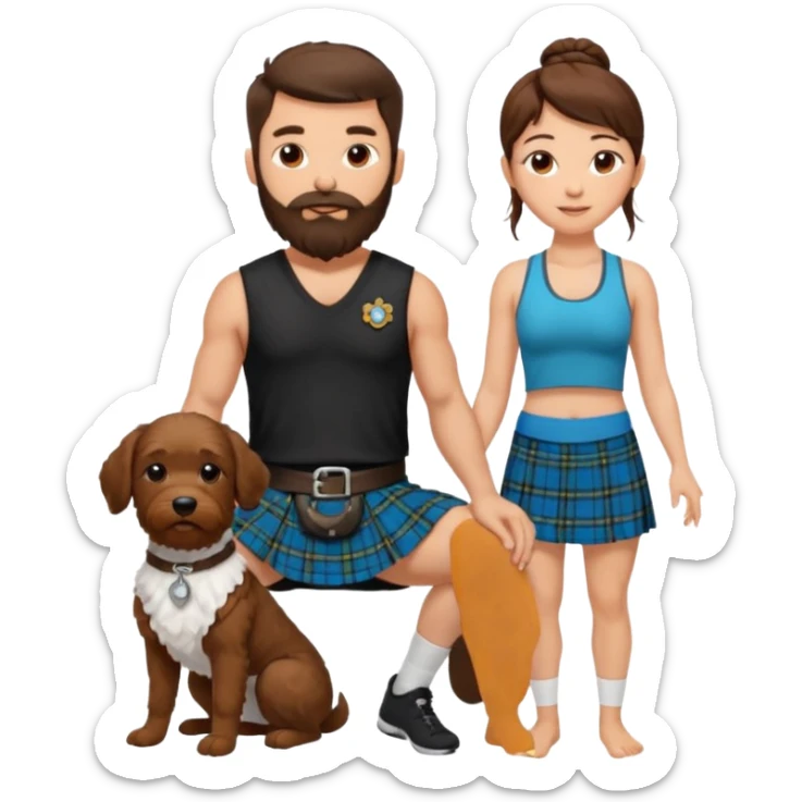 emoji of brunette man with beard wearing kilt, brunette woman in yoga outfit and white cockapoo dog sticker