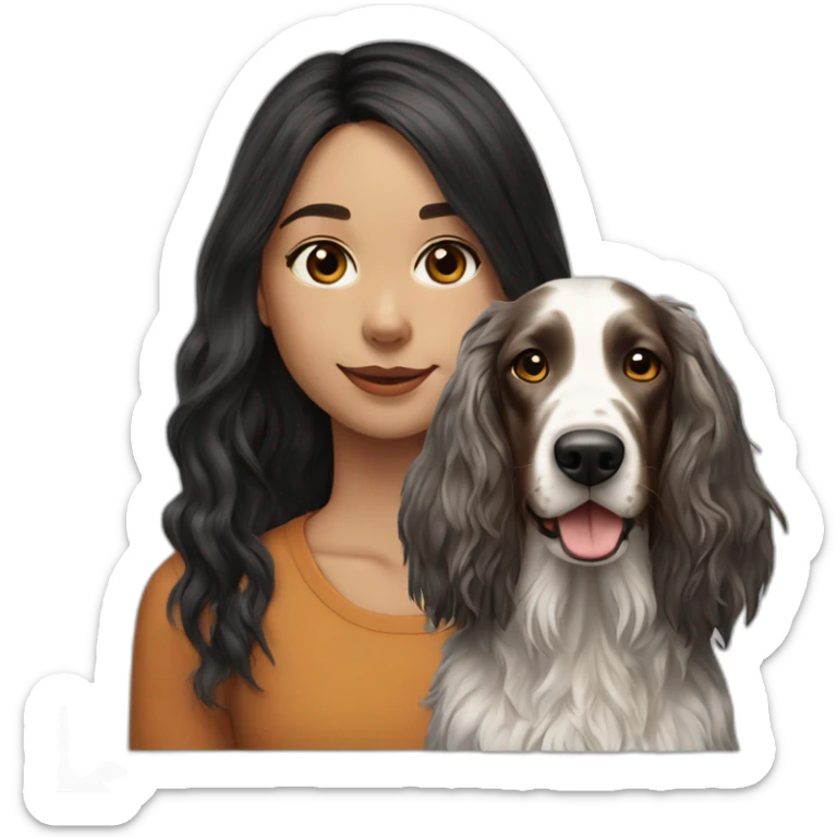 hyperrealist caucasian girl black long hair with brown english setter dog sticker