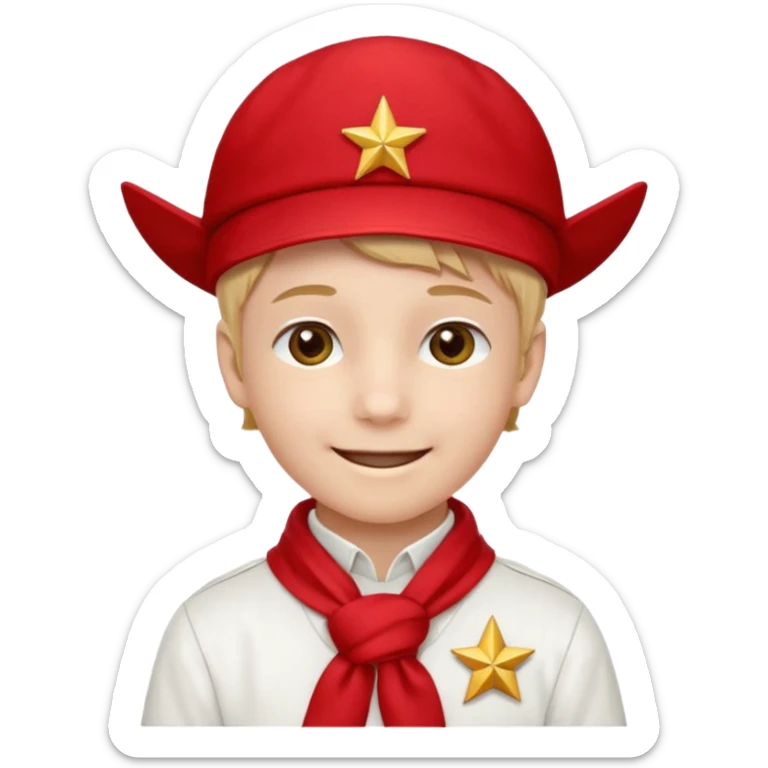 A Soviet pioneer emoji — smiling young boy wearing a bright red tie (pioneer neckerchief) and a red pilotka cap with a small gold star badge. White shirt, neat and cheerful, minimal flat emoji style, simple colors, clear outlines, professional emoji design. sticker
