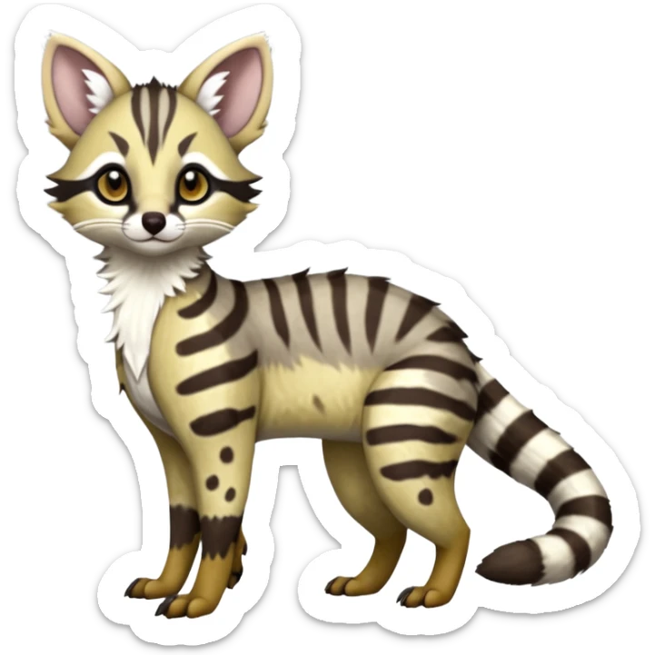 Cute elegant hyper-realistic lifelike furry Civet-Genet-Possum-Serval-Cheetah-Clouded-Leopard-Caracal-Sergal-Trico-Numbat-Furret-fusion-Fakemon-hybrid-creature (full body) with long tufted ears and a striped tufted tail  sticker
