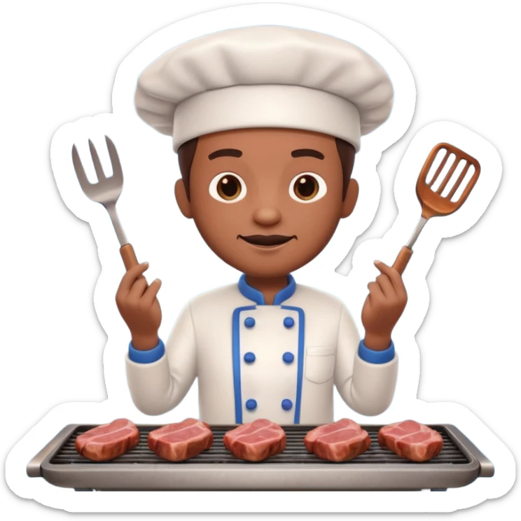 A 3D cartoon cook flipping meat on a grill with tongs, gentle smoke effect, Memoji-style lighting. sticker