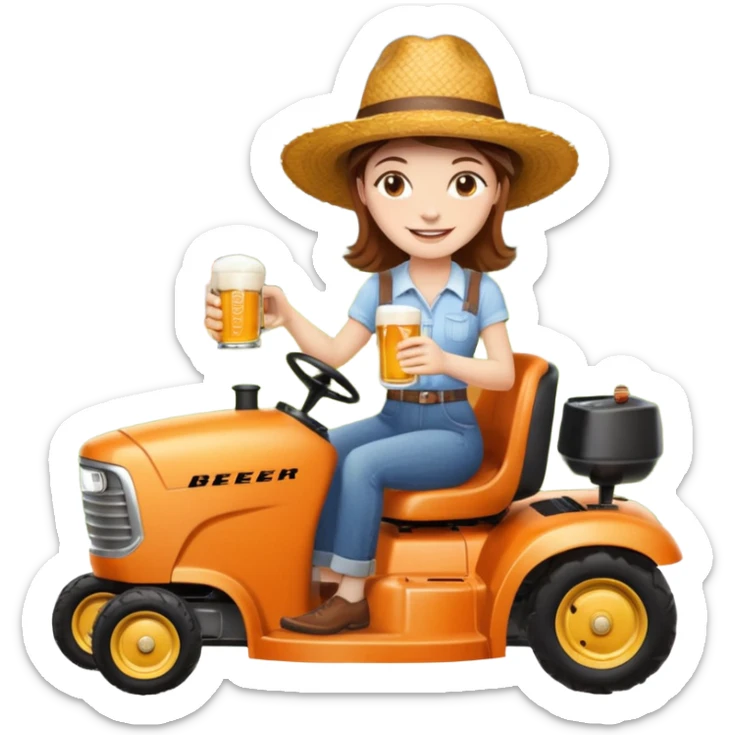 White woman with brown hair, without glasses wearing a straw hat, on old orange ride on lawn mower, holding a beer with one hand and holding the steering wheel with the other hand. Woman is smiling. Lawn mower has “Westwood” written on the engine cover sticker