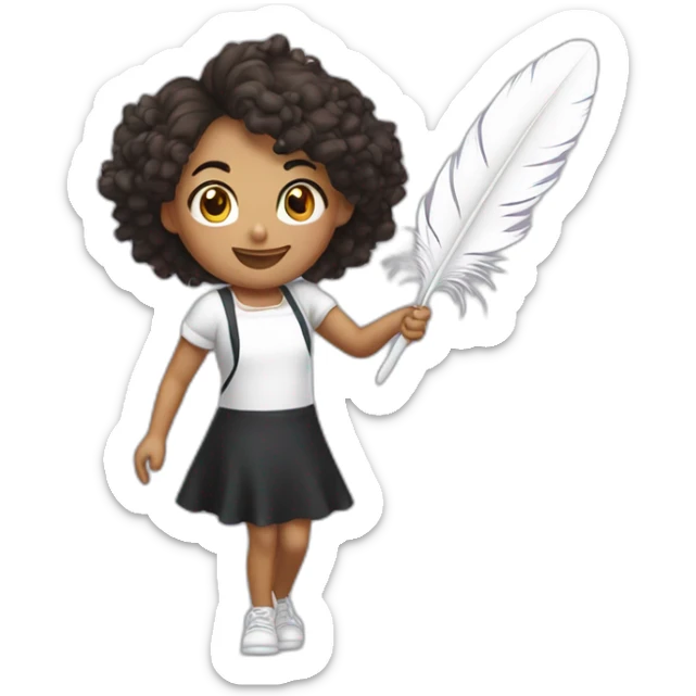 a girl in a white T-shirt and a black apron dances with a feather depilator sticker