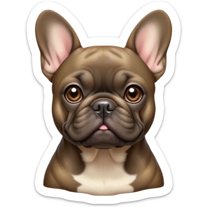 Cinematic Noble Brindle French Bulldog Portrait Emoji, Poised and regal, with a compact, muscular build and a sleek, well-groomed brindle coat accented by subtle fawn highlights, deep-set soulful dark eyes, Simplified yet sharp and sophisticated features, highly detailed, glowing with a soft, dignified glow, high shine, intelligent and determined, stylized with an air of authority, focused and attentive, soft glowing outline, capturing the essence of a watchful and confident companion, so majestic it feels as though it could strut out of the screen with effortless authority! sticker