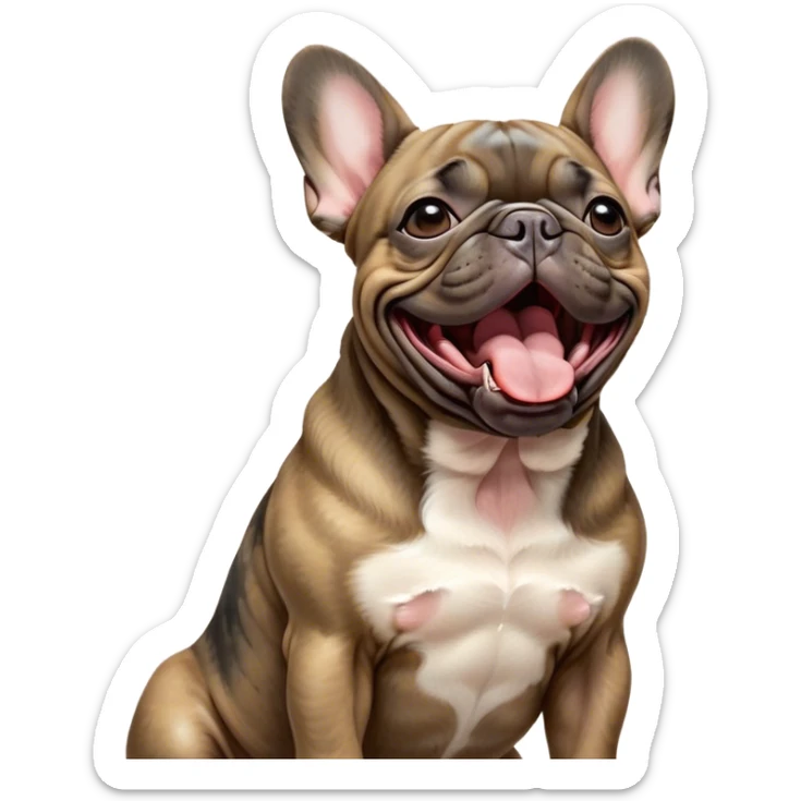Cinematic Cute Yawning Brindle French Bulldog Portrait Emoji, Head tilted slightly with a dramatic, wide-open yawn, showcasing a sleek brindle coat with subtle fawn highlights, floppy ears slightly drooping, round dark eyes barely open in drowsy contentment, Simplified yet irresistibly adorable features, highly detailed, glowing with a soft, cozy glow, high shine, relaxed yet expressive, stylized with a touch of whimsy, bright and endearing, soft glowing outline, capturing the essence of a sleepy yet affectionate companion, so drowsy it feels like it could stretch out of the screen and curl up for a nap! sticker