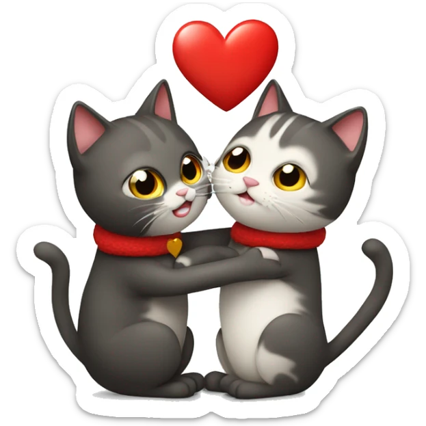 Two cats who are hugging each other and a red heart is on top of them sticker