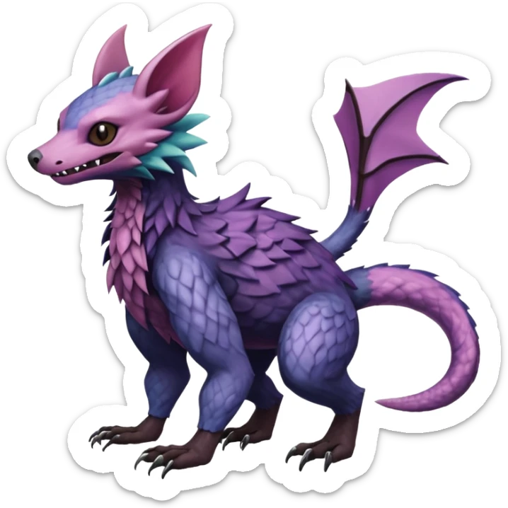 Realistic scaly swampy elemental detailed Colorful Trico-Noibat-Crobat-Swoobat-Sergal-Furret-Ferret-Wolverine-Vernid-furry-fursona-fusion-Fakemon-animal-hybrid-creature, full body sticker