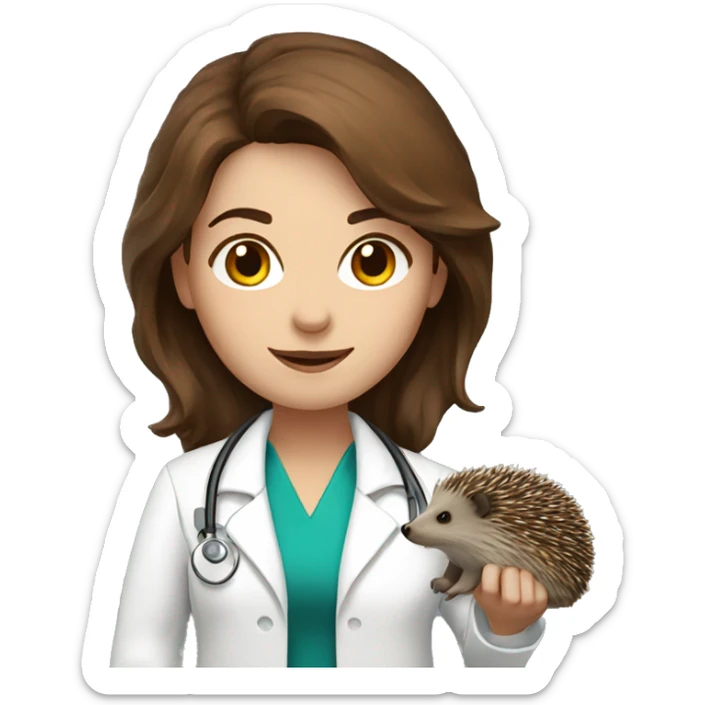 A female doctor with brown hair in a white coat with a hedgehog on her shoulder sticker