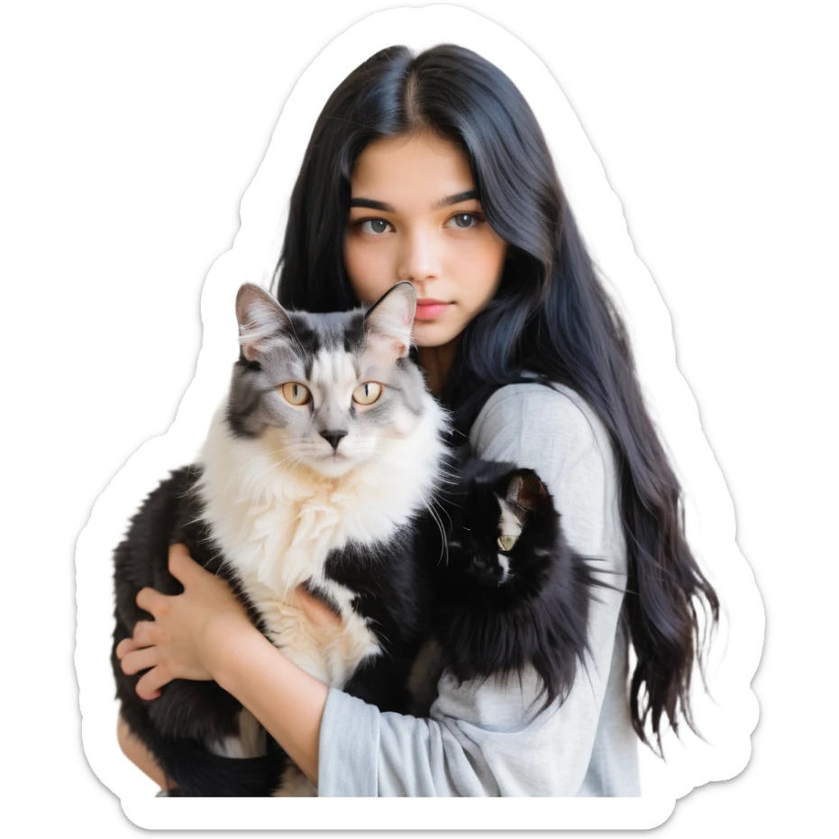 Beautiful girl with long black hair hugs a gray and blond mixed breed cat sticker