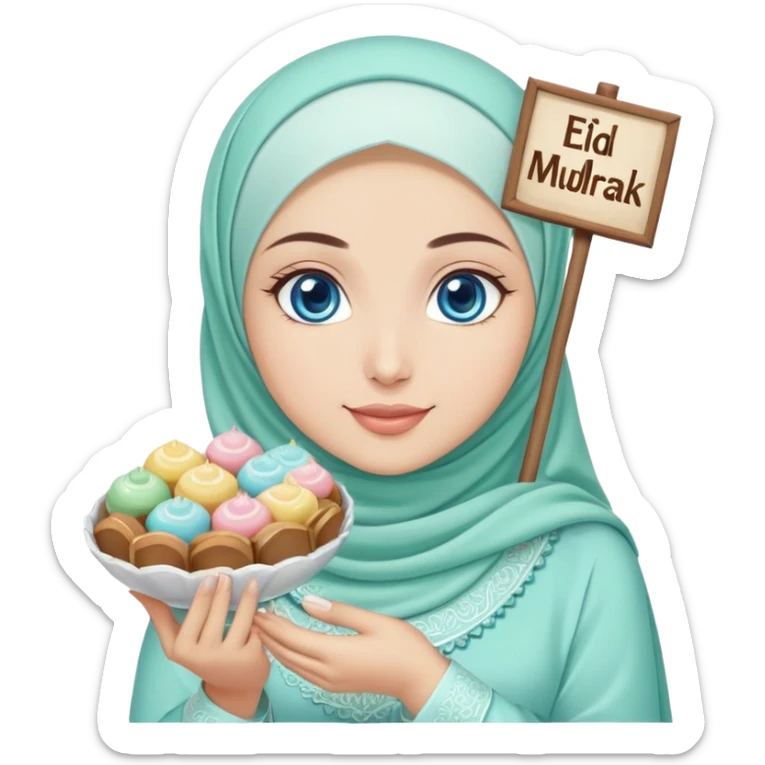 Turkish beautiful finish Konya girl blue eyes with mint hijab islamic dress and had on her hand text Eid Mubarak with sweets and celebrating with her friends eid days   sticker