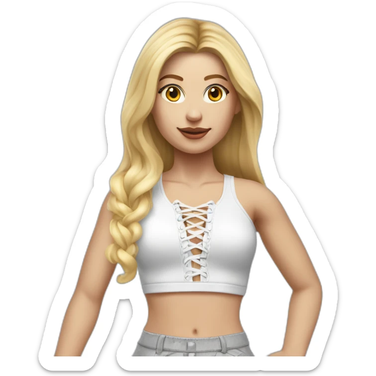 hyperrealistic caucasian female, long straight blonde hair, white lace up crop top, grey tight mini skirt sticker