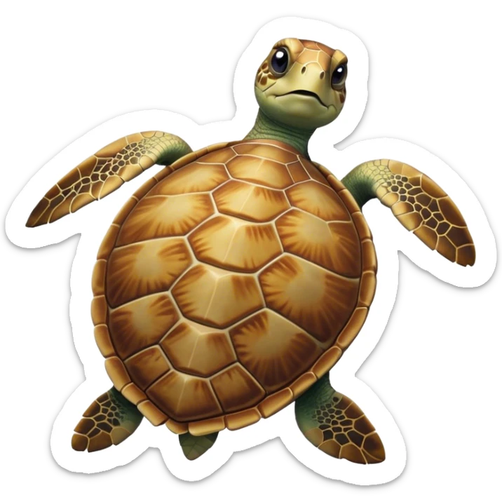 Cinematic Realistic Noble Sea Turtle Portrait Emoji, Poised and dignified, with a robust, time-worn shell intricately patterned in earthy tones and a weathered, wise face with deep, observant eyes, rendered with lifelike texture and natural, diffused light; high shine, intelligent and serene, styled with an air of oceanic majesty, focused and attentive, soft glowing outline, capturing the essence of a watchful and confident sea turtle that appears to glide out of the screen with timeless authority! sticker