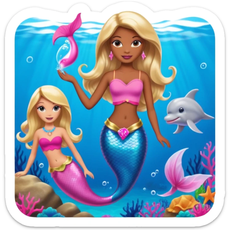 Brown skin blonde hair barbie mermaid with pink dolphin  sticker