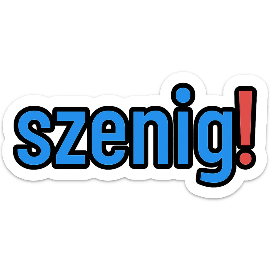 the word 'szenig!' in blue color with the exclamation mark in bright red, minimalistic style, no background sticker