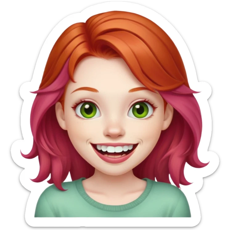 Young girl with pale skin, full pink lips smiling with big teeth, ginger red hair (not pink), big brown eyes with a hint of green, big mouth sticker