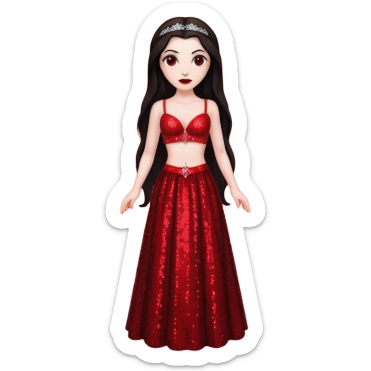 Bride of Dracula with long dark brown hair, red sequin bra, red sequin long skirt sticker