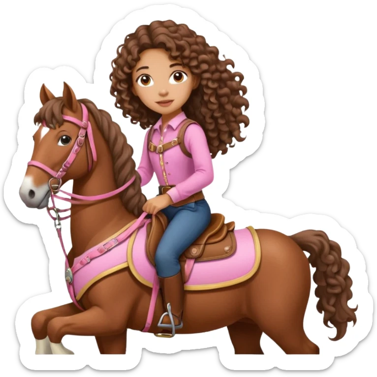 Realistic mixed race girl with long curly hair, riding a big draft horse, wearing pink harness and saddle  sticker