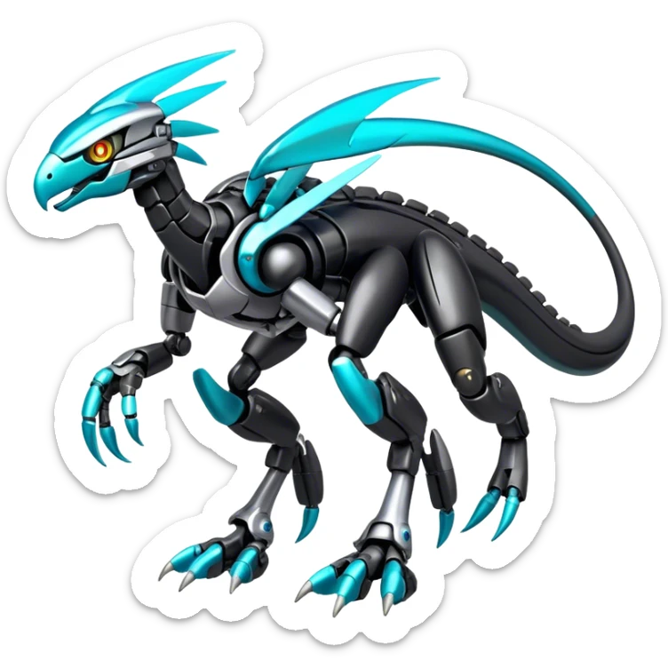 Shiny Futuristic Celestial Glossy-Metallic-Alloy Cyborg-Fakemon-Pokemon-Digimon-Spectrobes-Raptor-fusion, full body, four legs, black body, cyan accents, scales sticker