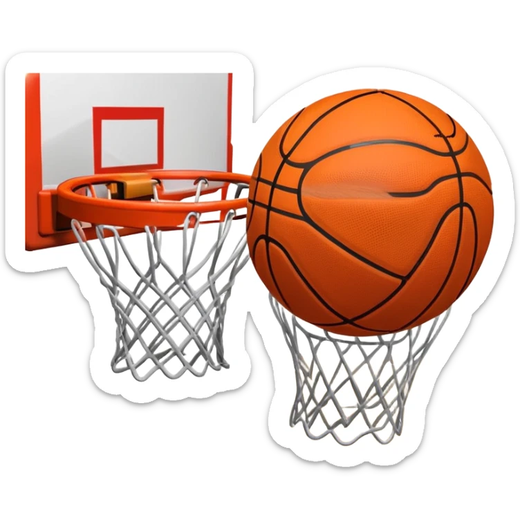A close-up shot of a basketball entering the hoop, with the ball swishing through and inside  the basket. The background features a blurred basketball court, emphasizing the perfect shot and the excitement of the game. sticker